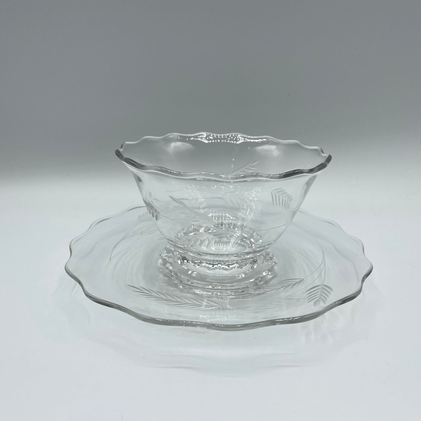 Vintage Condiment Bowl and Underplate, Etched With Wheat Pattern