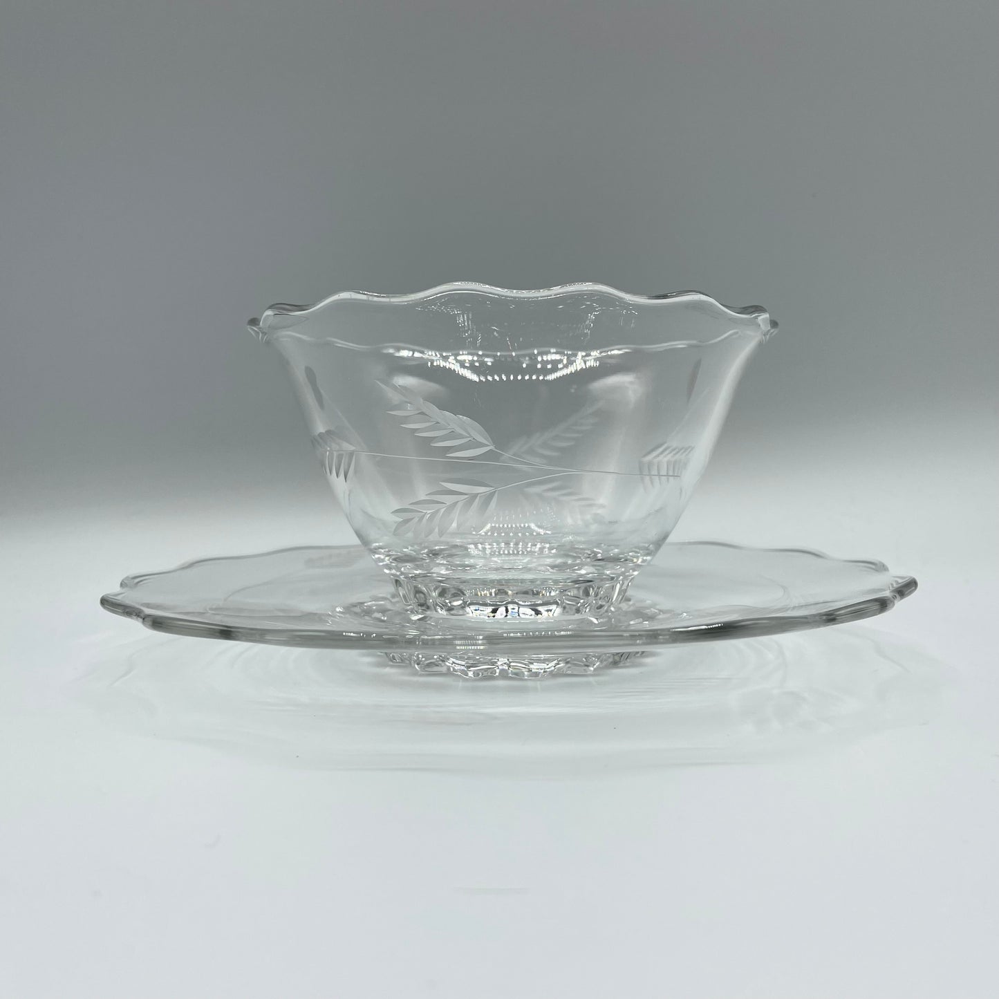 Vintage Condiment Bowl and Underplate, Etched With Wheat Pattern