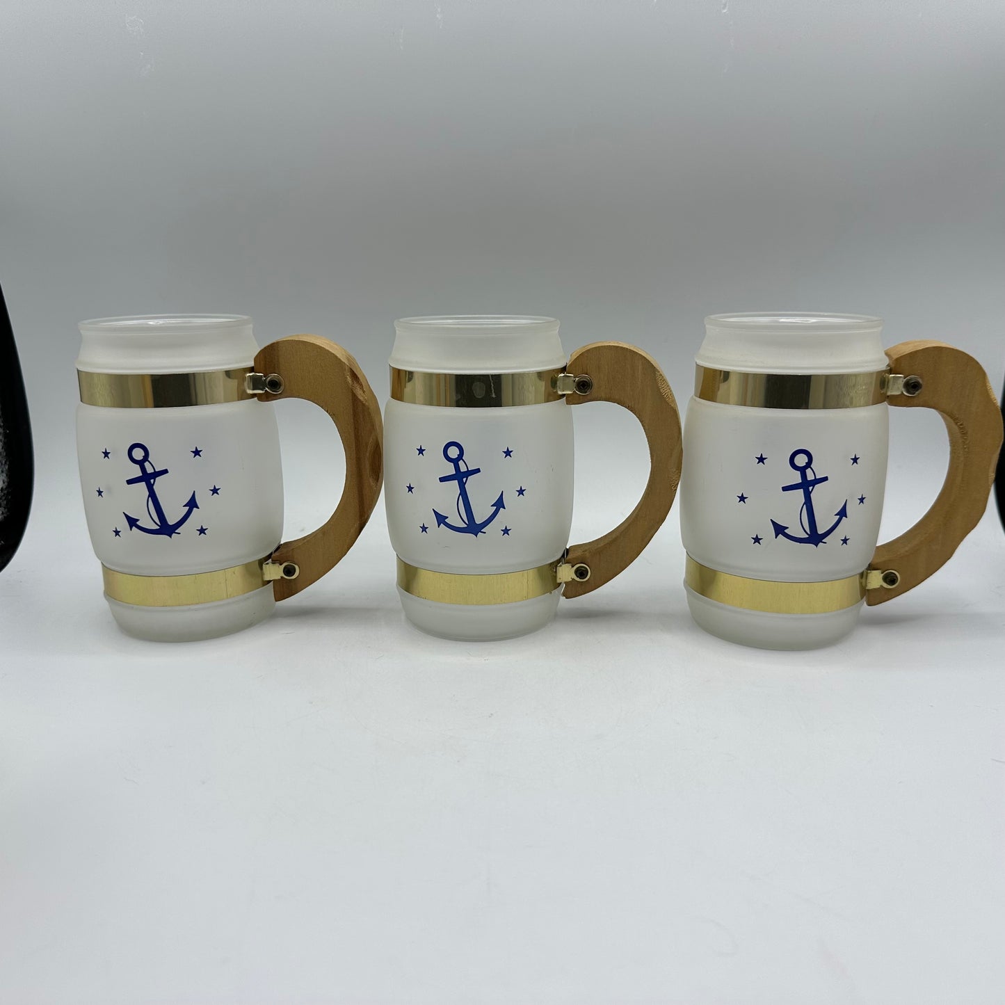 Siesta Ware Nautical Anchor Frosted Mugs with Wood Handles, Set of 6