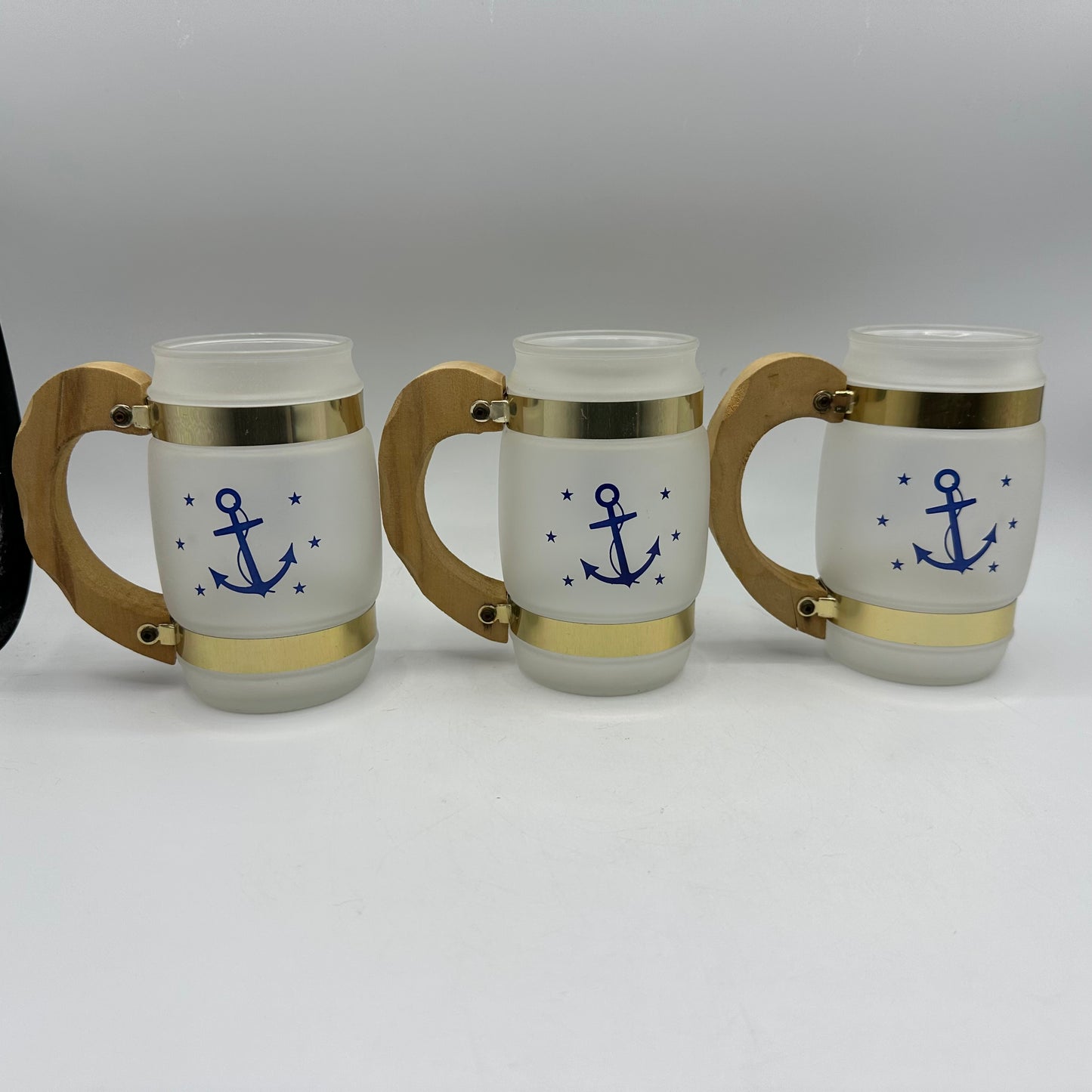 Siesta Ware Nautical Anchor Frosted Mugs with Wood Handles, Set of 6