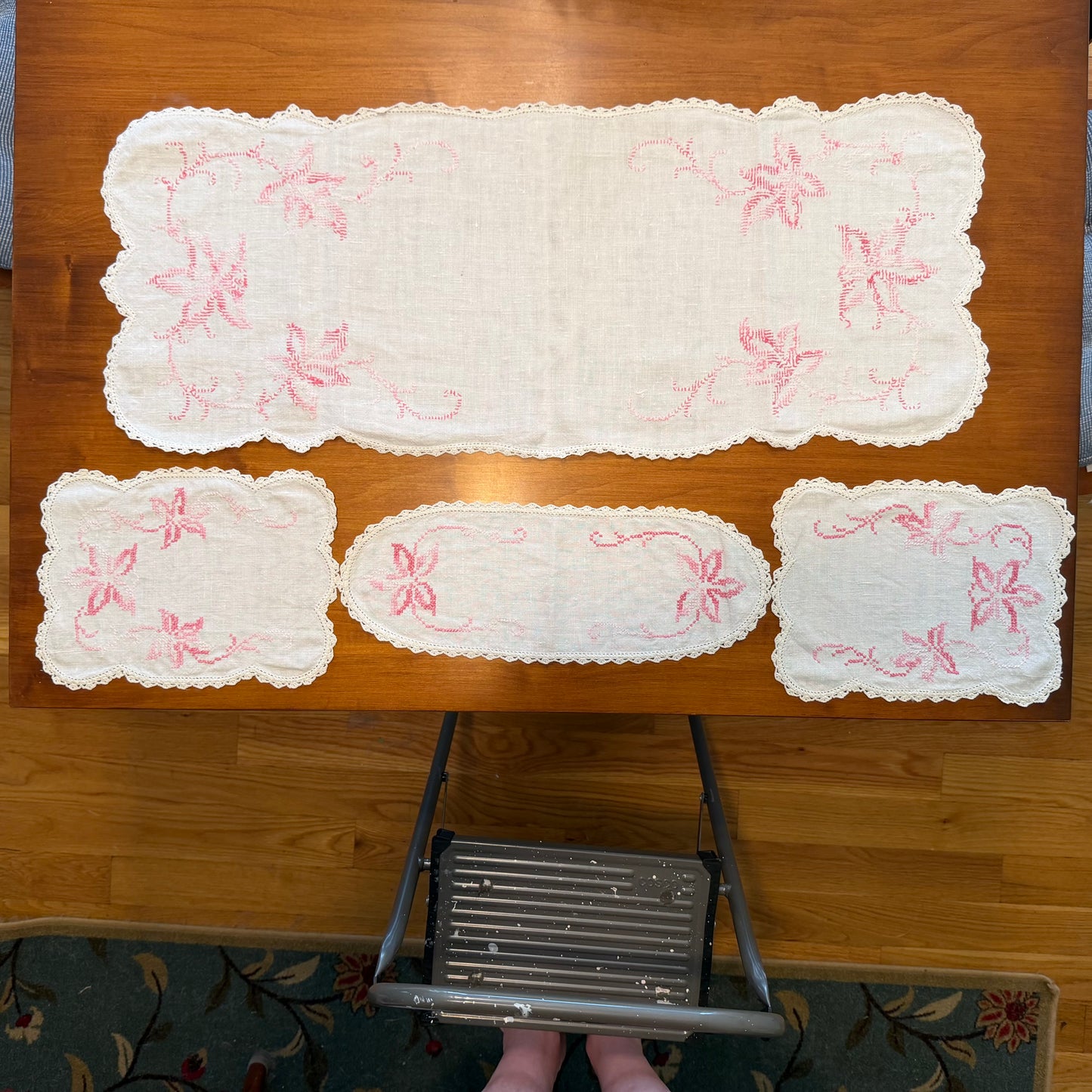 Embroidered Table Runner/Scarf Set, Pink Floral