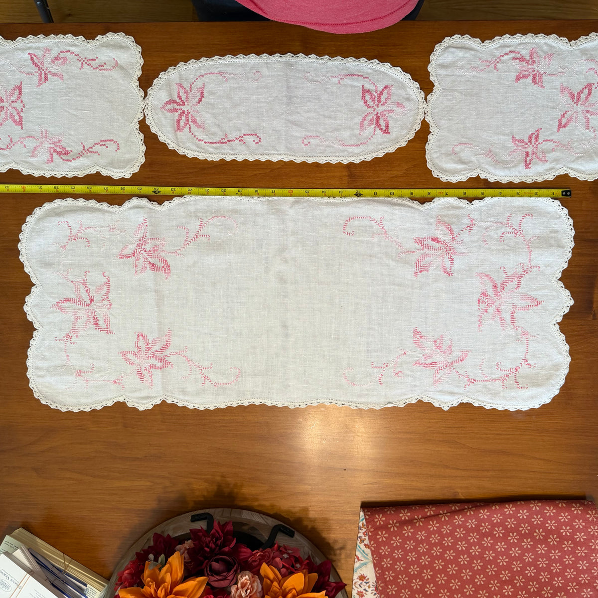 Embroidered Table Runner/Scarf Set, Pink Floral