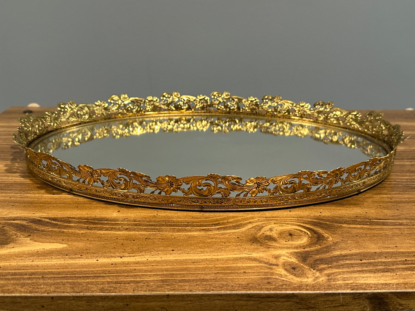 Oval Mirror Filigree Perfume Tray 17" Wide