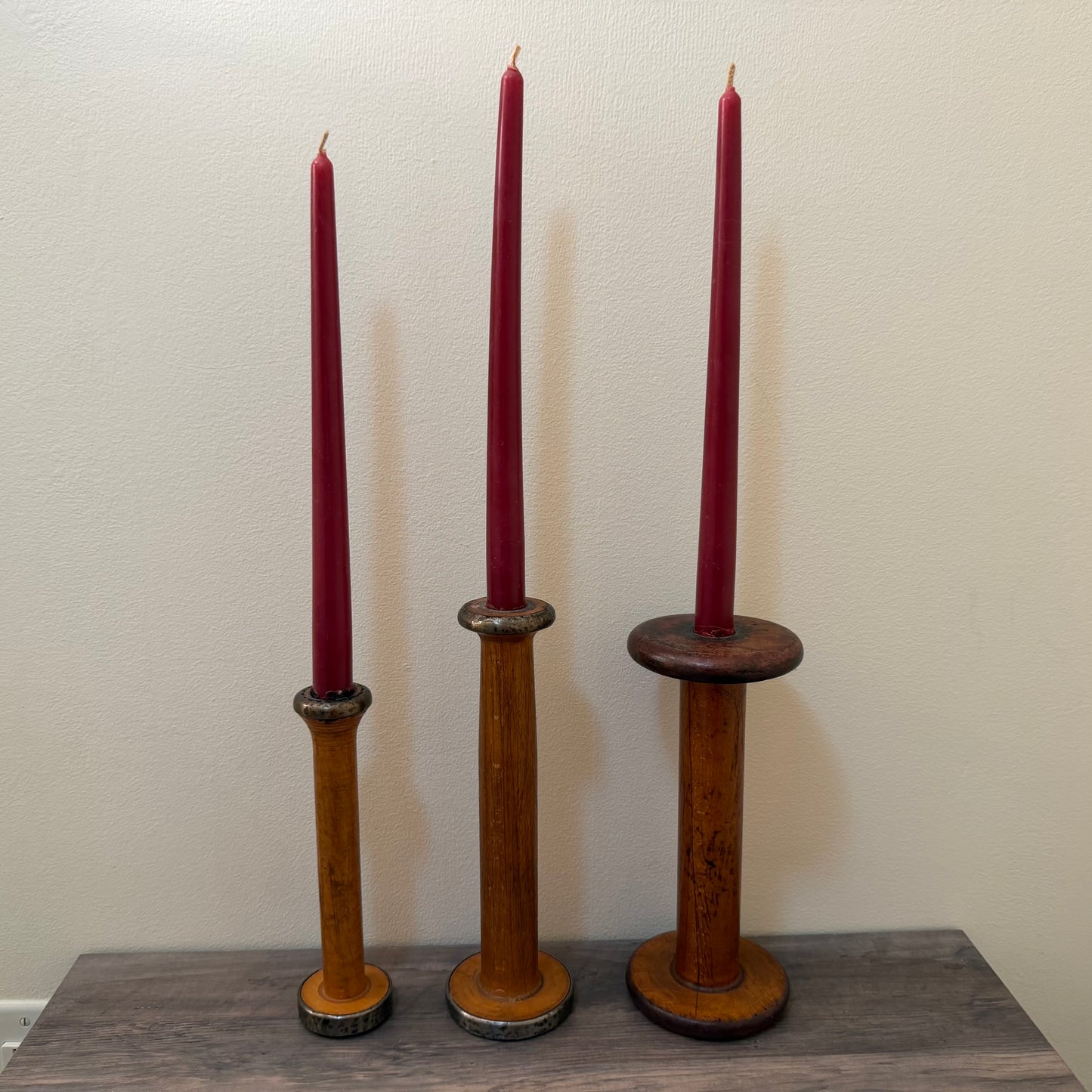 Wood and Metal Spindal Candle Holders With Candles, Set of 3