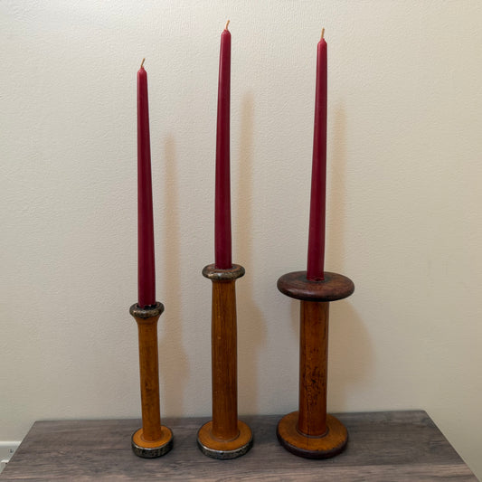 Wood and Metal Spindal Candle Holders With Candles, Set of 3
