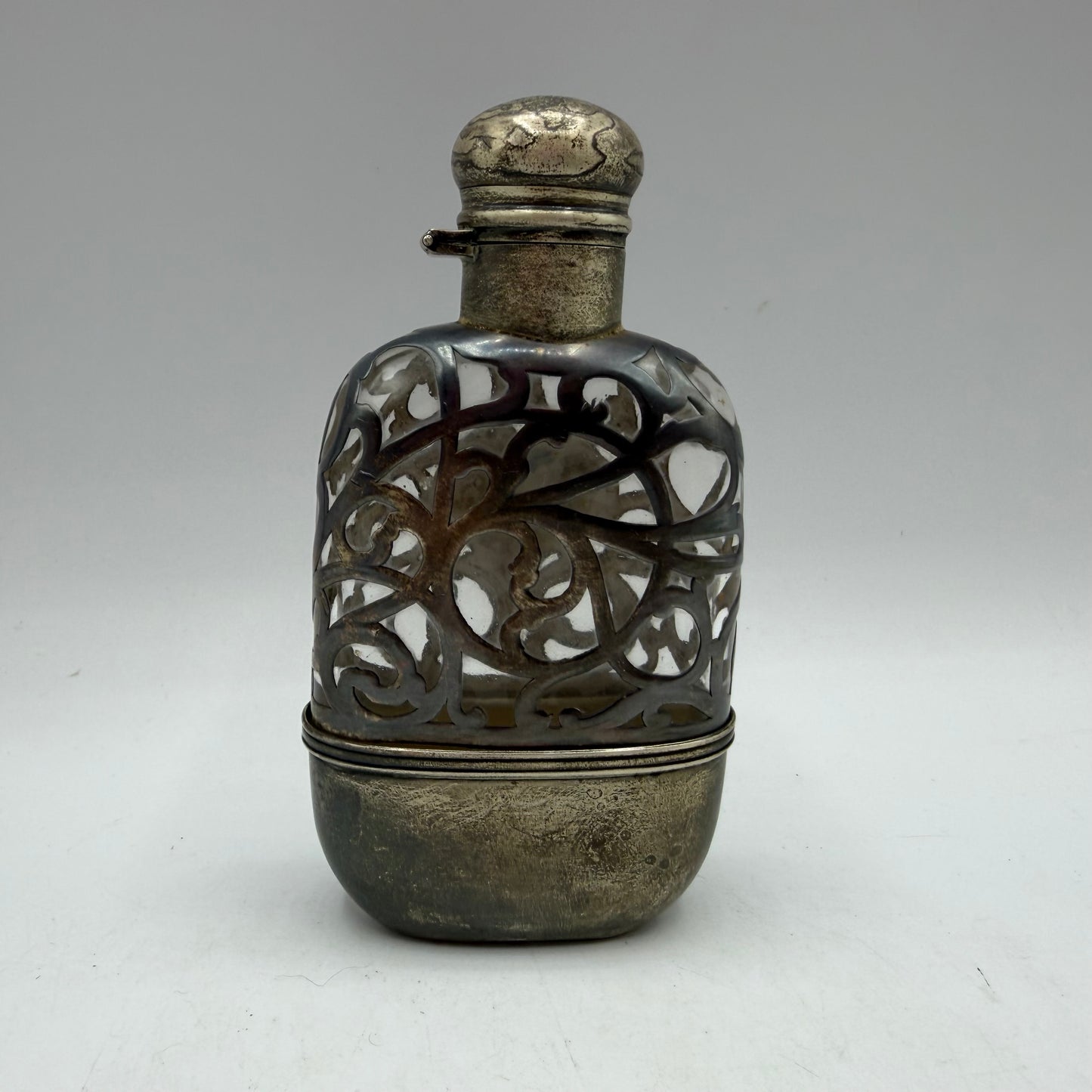 Antique Art Nouveau Ornate Sterling Silver Overlay Glass Flask