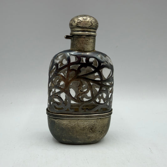 Antique Art Nouveau Ornate Sterling Silver Overlay Glass Flask