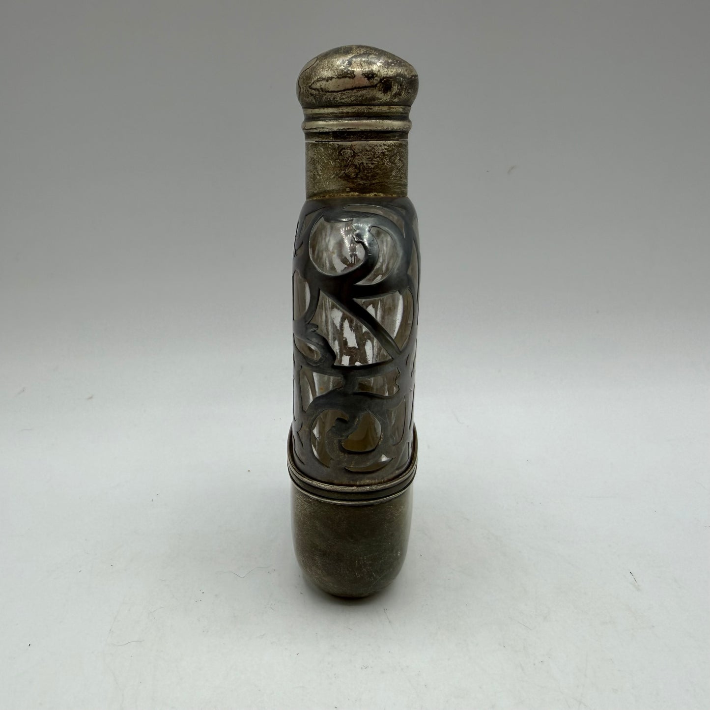 Antique Art Nouveau Ornate Sterling Silver Overlay Glass Flask