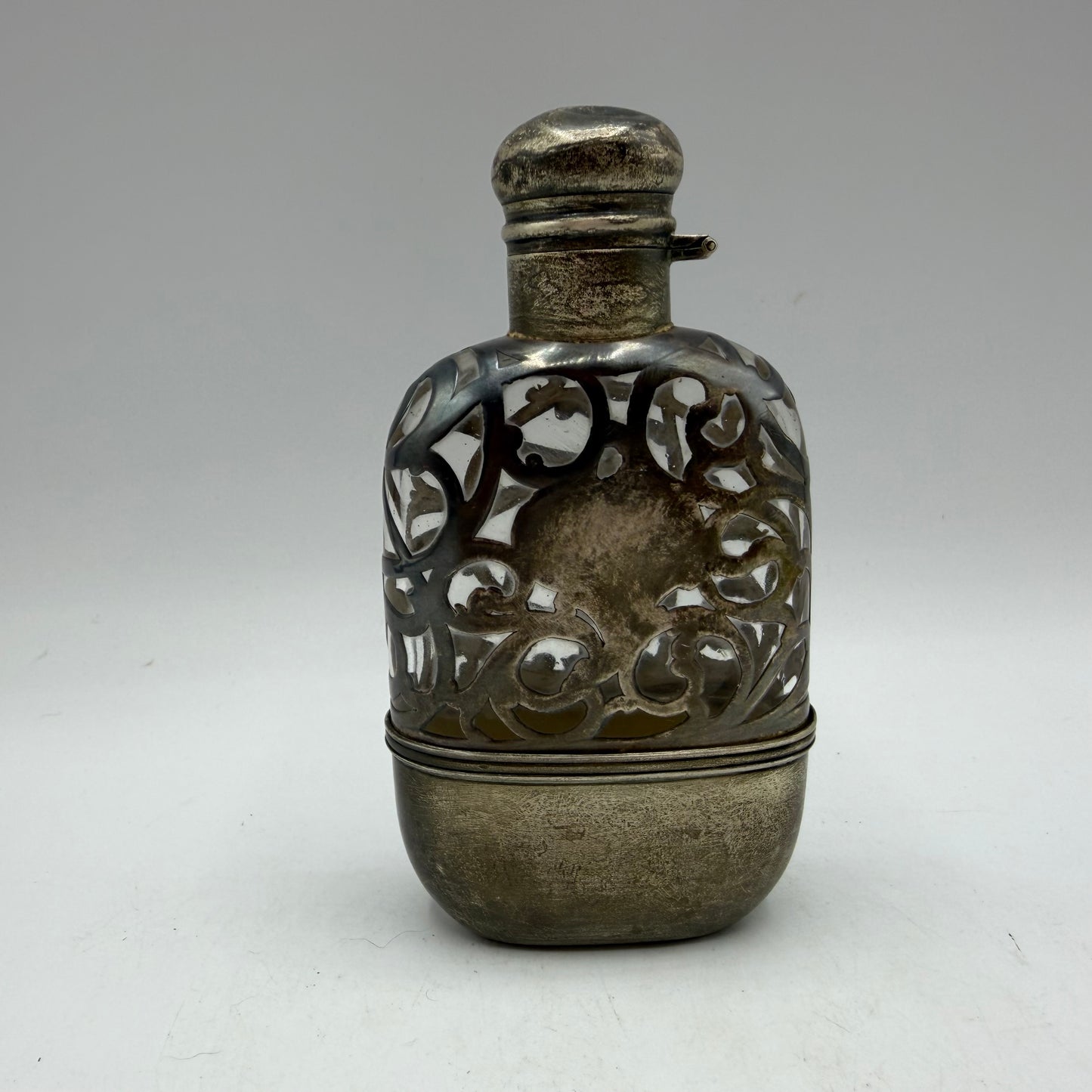 Antique Art Nouveau Ornate Sterling Silver Overlay Glass Flask