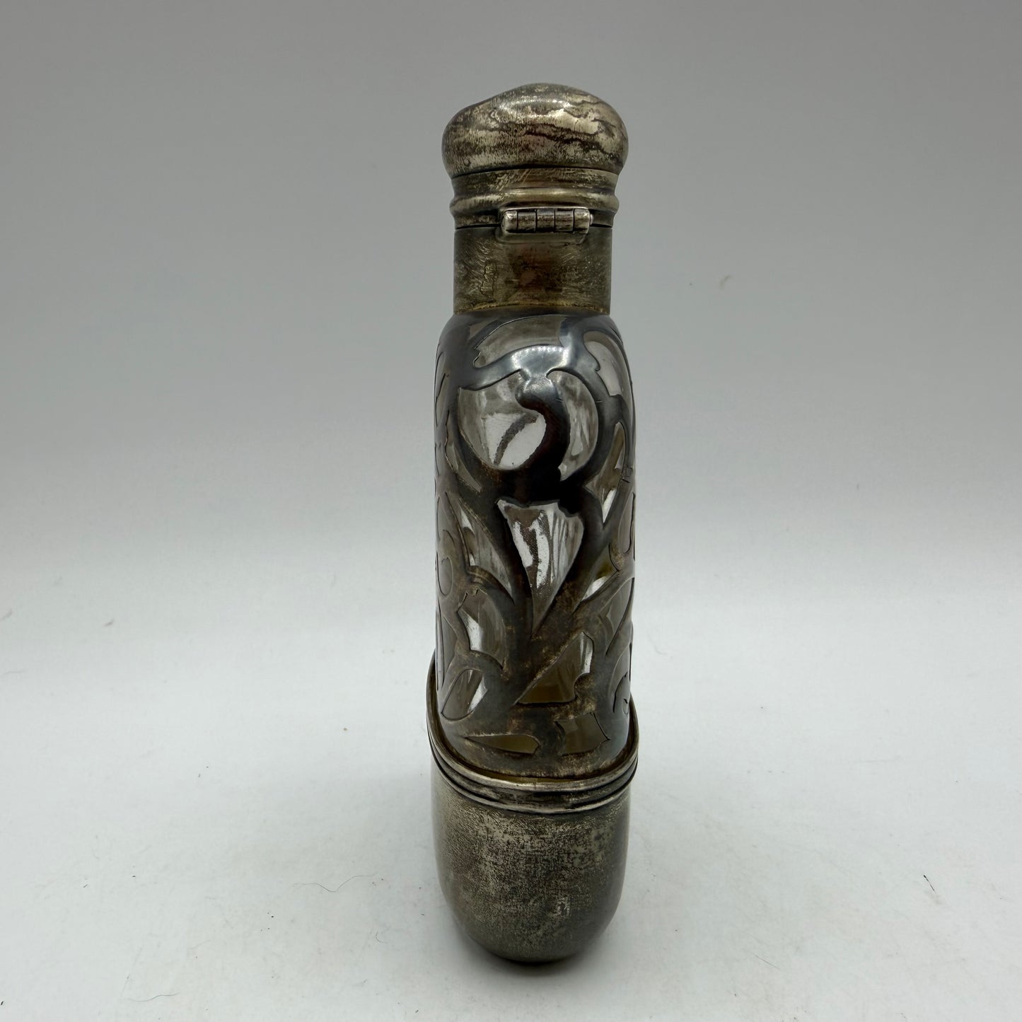 Antique Art Nouveau Ornate Sterling Silver Overlay Glass Flask