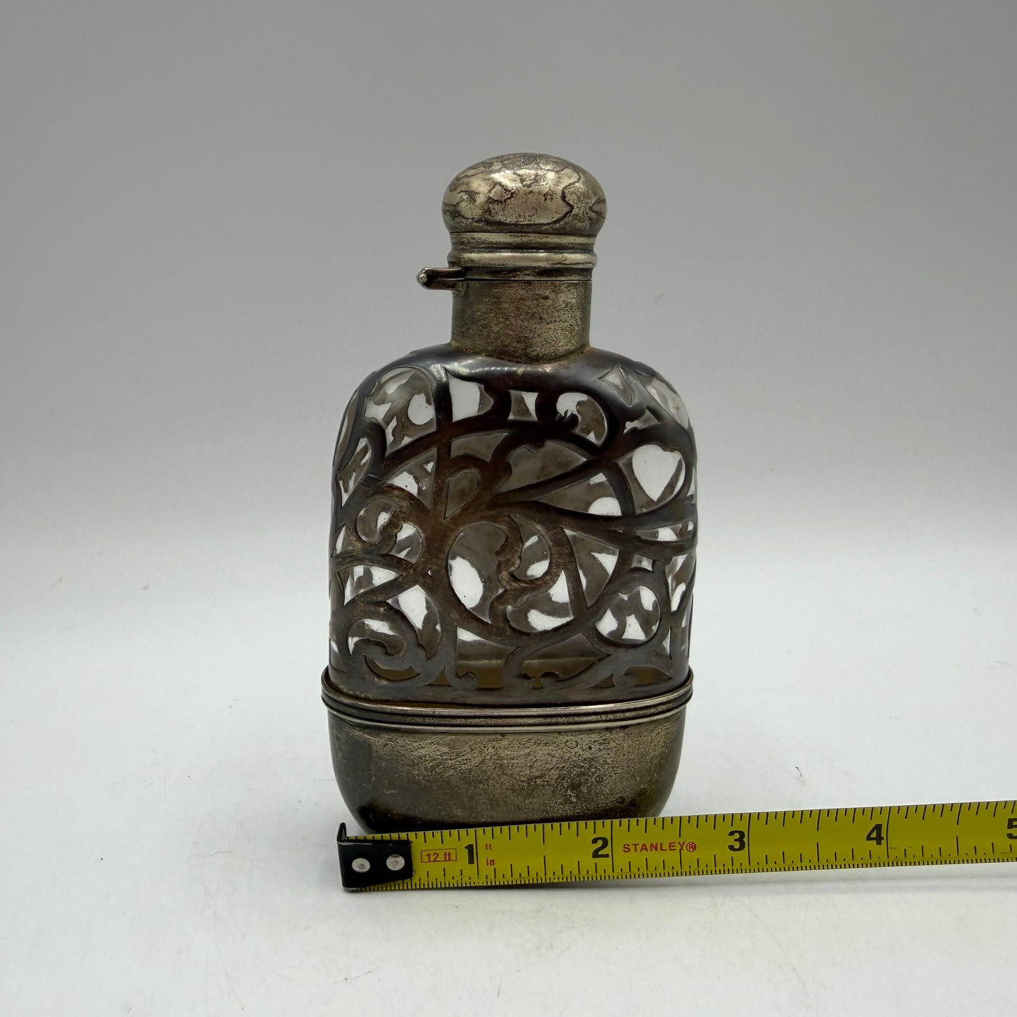 Antique Art Nouveau Ornate Sterling Silver Overlay Glass Flask