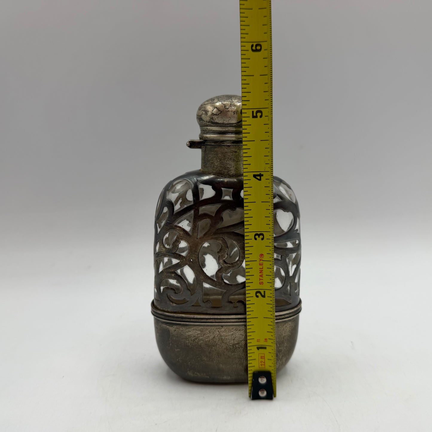 Antique Art Nouveau Ornate Sterling Silver Overlay Glass Flask