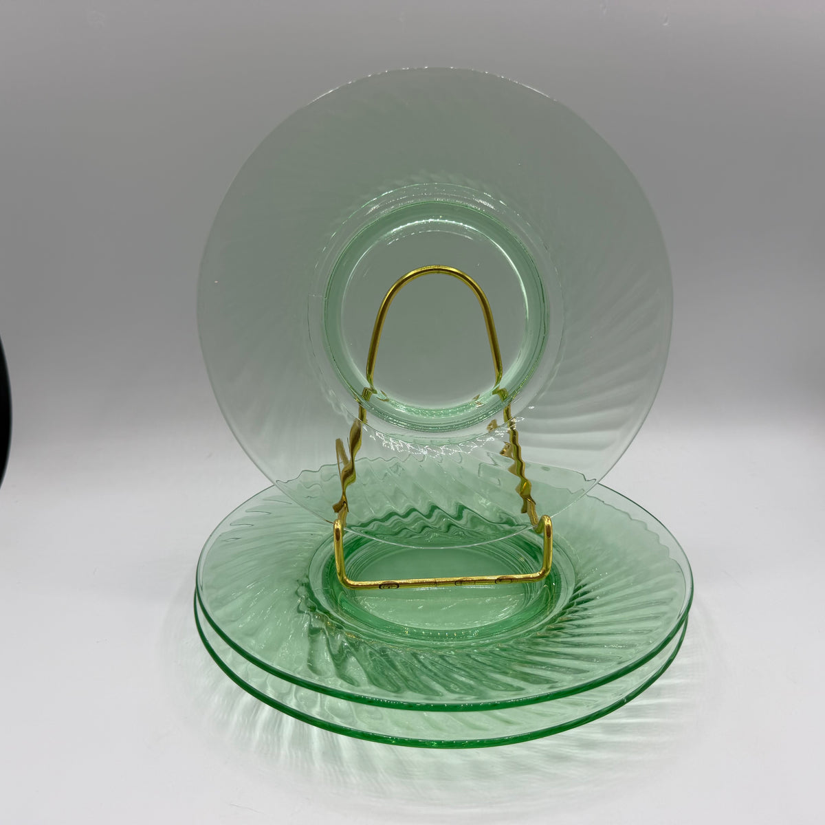 Uranium Depression Glass Swirl 8" Luncheon Plates, Set of 3