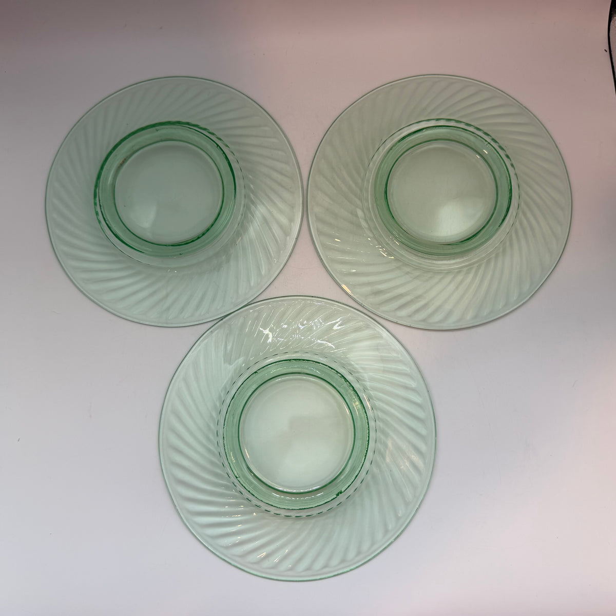 Uranium Depression Glass Swirl 8" Luncheon Plates, Set of 3