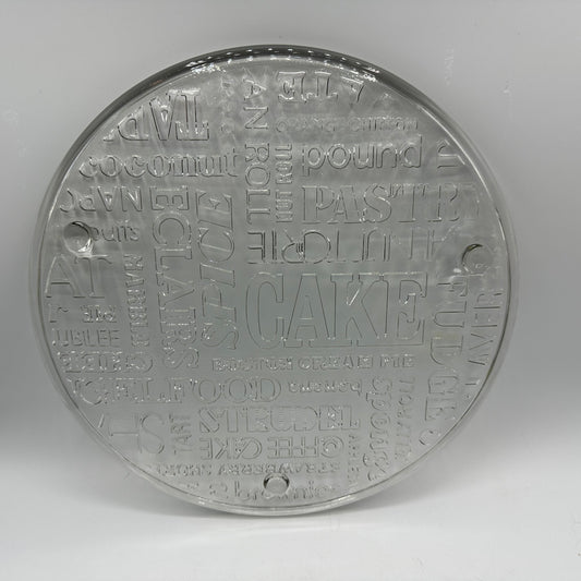 Jeanette Glass Cake Plate With Text Topography, 1970s