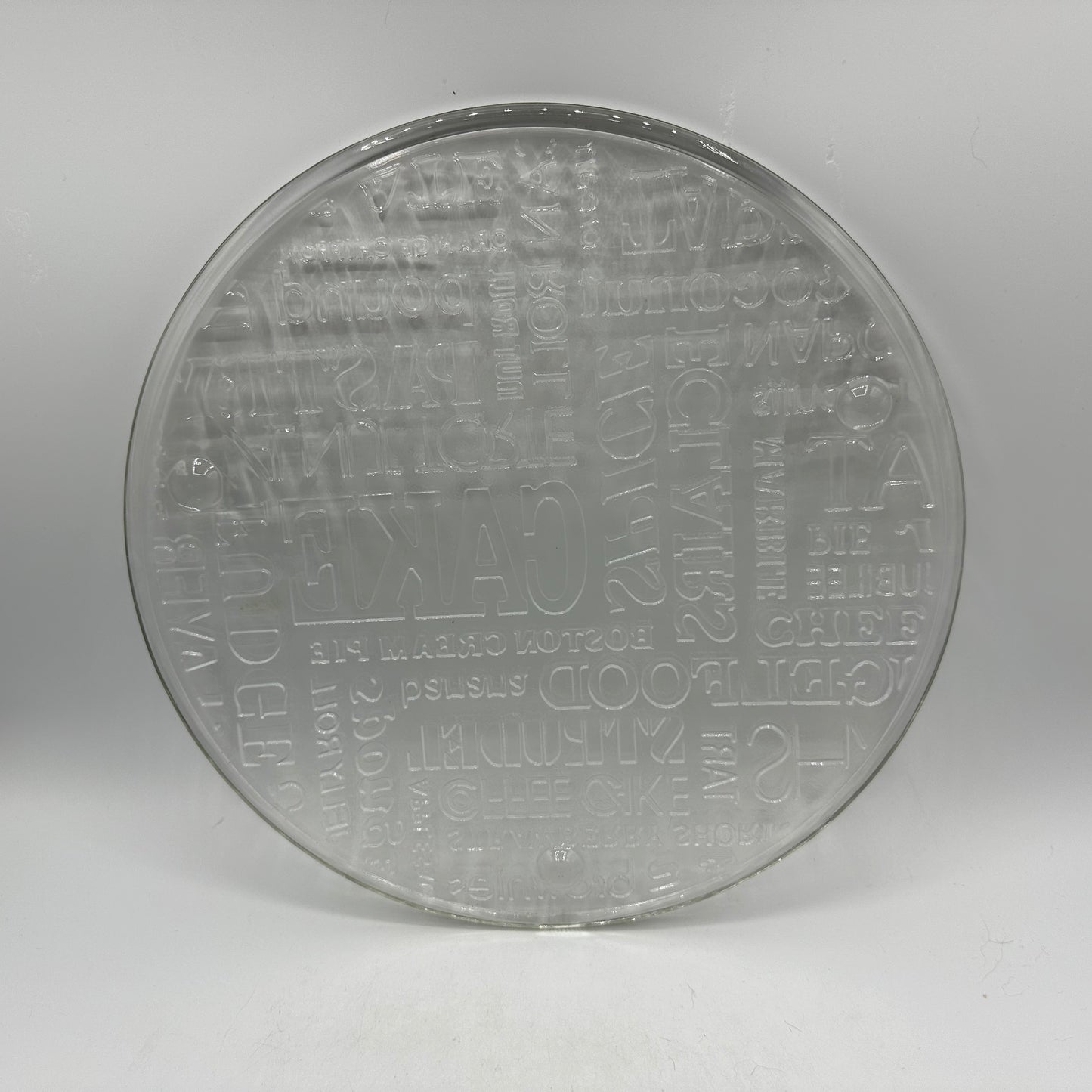 Jeanette Glass Cake Plate With Text Topography, 1970s