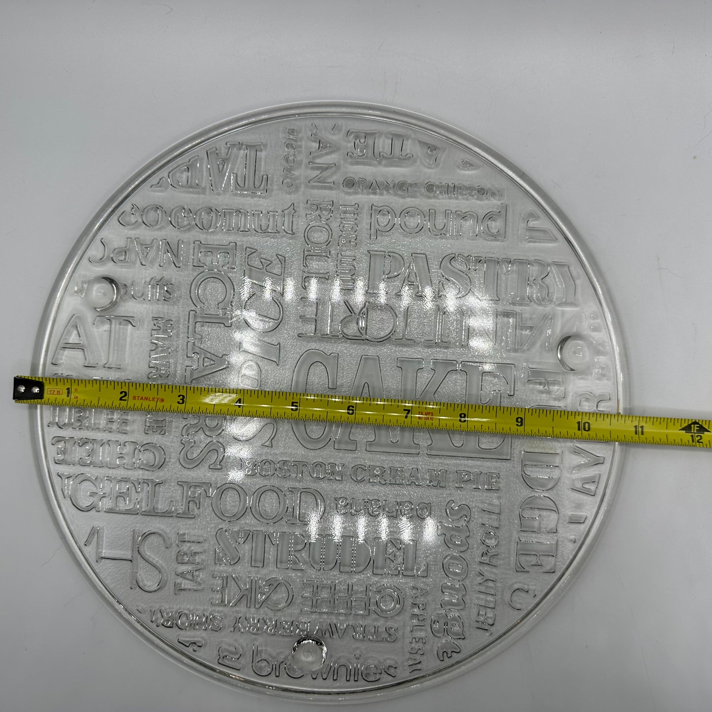 Jeanette Glass Cake Plate With Text Topography, 1970s