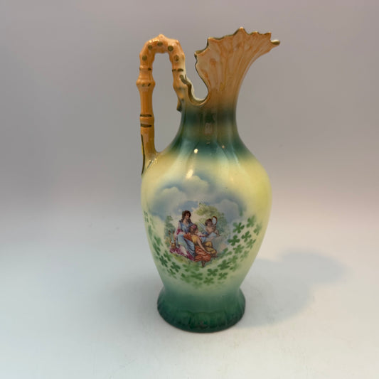 Czechoslovakia Green Pottery Pitcher 7.5", Cupid
