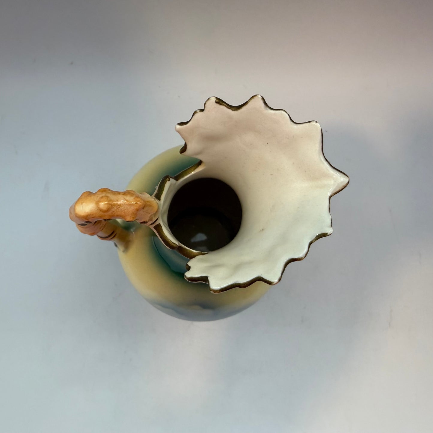 Czechoslovakia Green Pottery Pitcher 7.5", Cupid