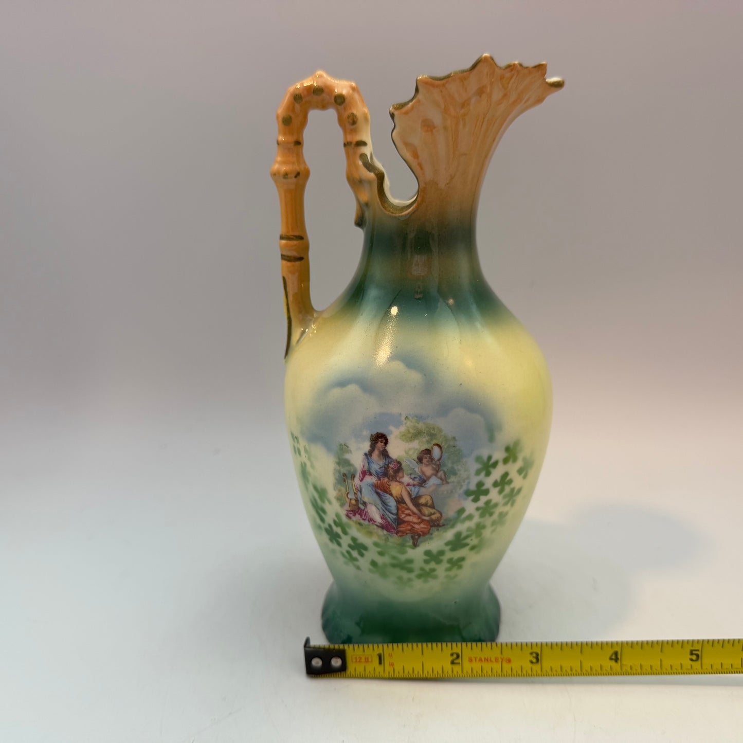 Czechoslovakia Green Pottery Pitcher 7.5", Cupid