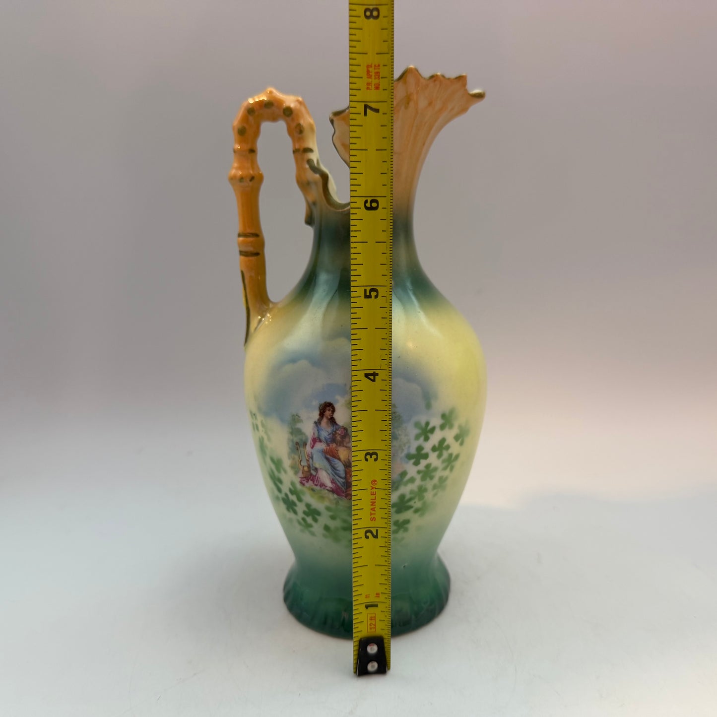 Czechoslovakia Green Pottery Pitcher 7.5", Cupid