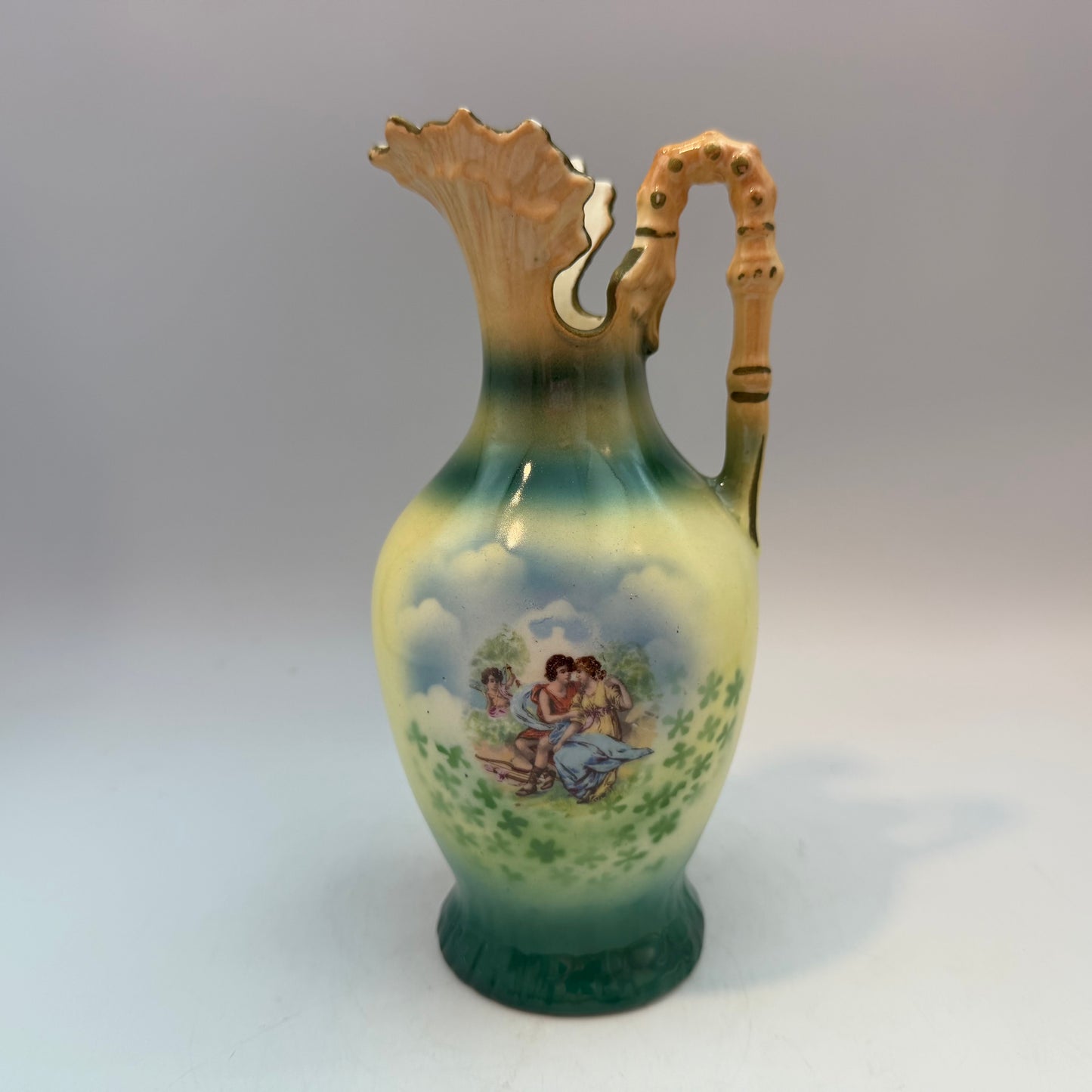 Czechoslovakia Green Pottery Pitcher 7.5", Couple
