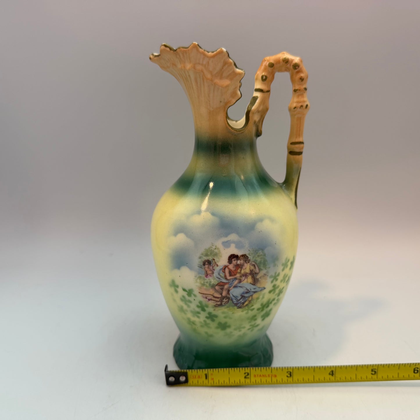 Czechoslovakia Green Pottery Pitcher 7.5", Couple