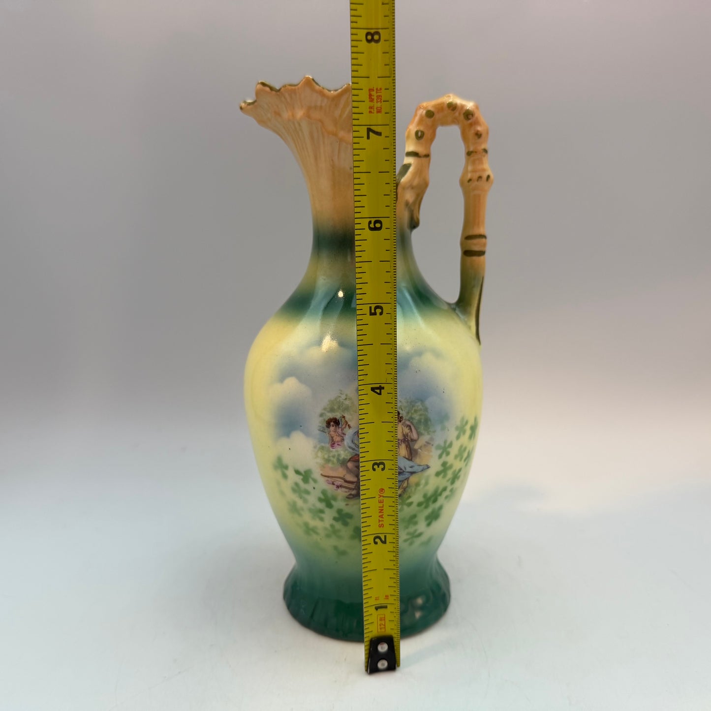Czechoslovakia Green Pottery Pitcher 7.5", Couple