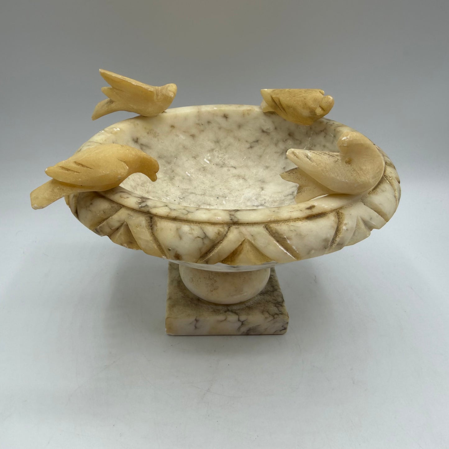Italian Alabaster Bird Bath Hand Carved with 4 Birds 7" Diameter