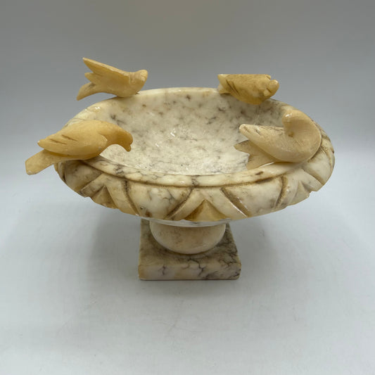 Italian Alabaster Bird Bath Hand Carved with 4 Birds 7" Diameter