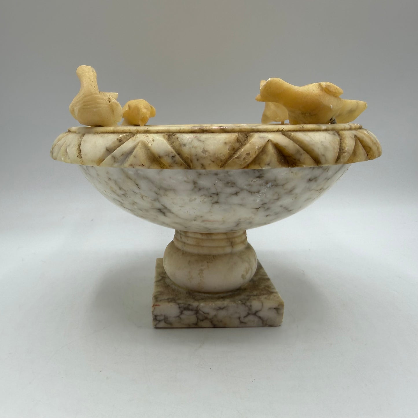 Italian Alabaster Bird Bath Hand Carved with 4 Birds 7" Diameter