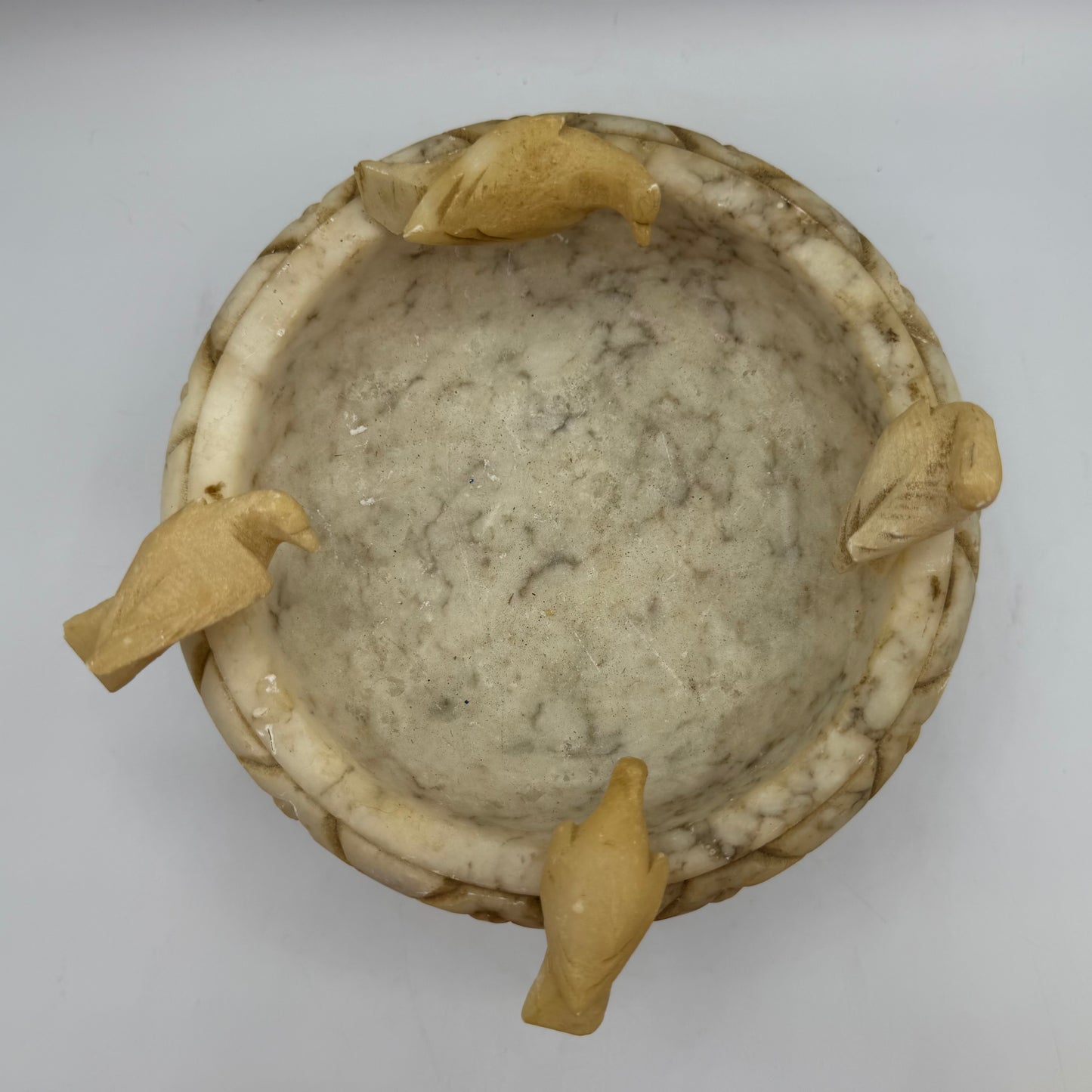 Italian Alabaster Bird Bath Hand Carved with 4 Birds 7" Diameter