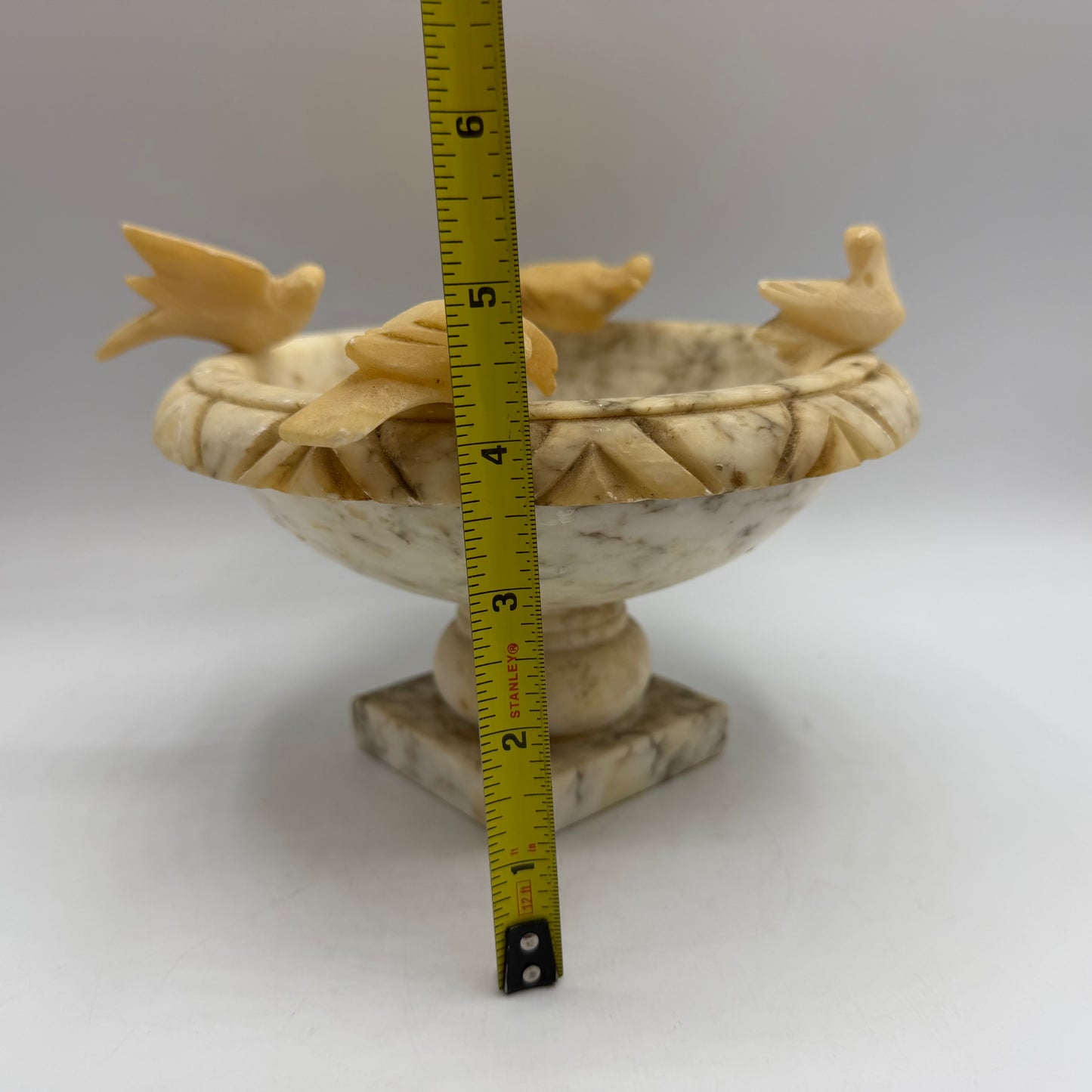 Italian Alabaster Bird Bath Hand Carved with 4 Birds 7" Diameter