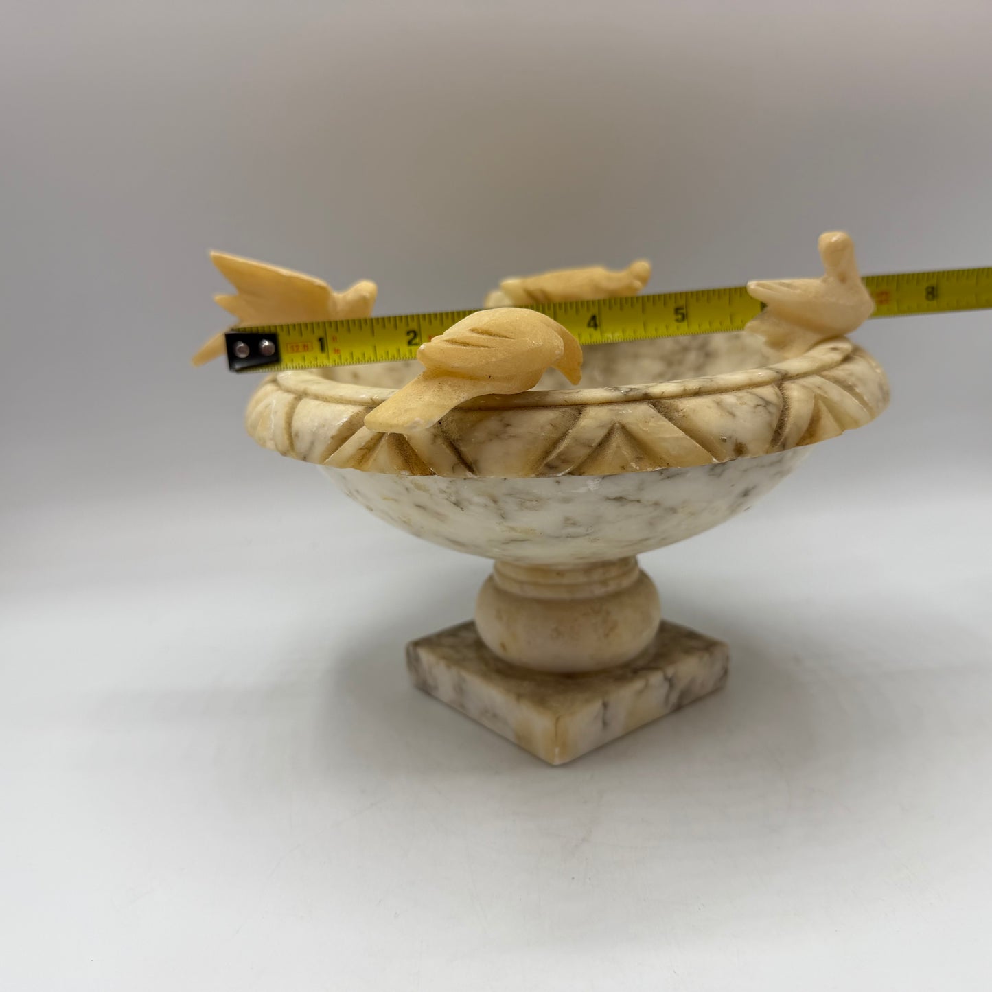 Italian Alabaster Bird Bath Hand Carved with 4 Birds 7" Diameter