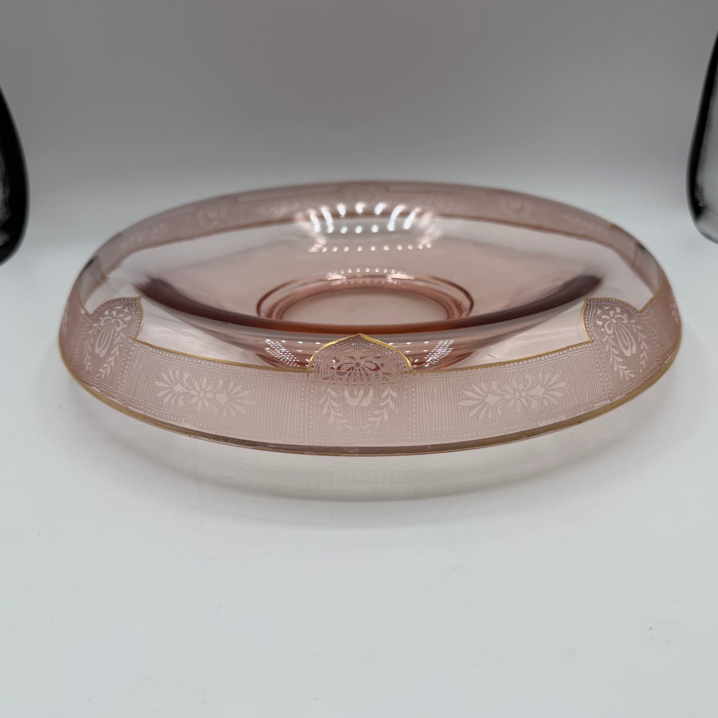 Pink Depression Glass Console Bowl, Rolled Edge And Gold Accents