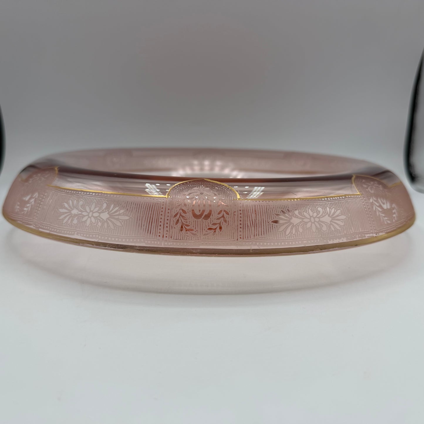 Pink Depression Glass Console Bowl, Rolled Edge And Gold Accents