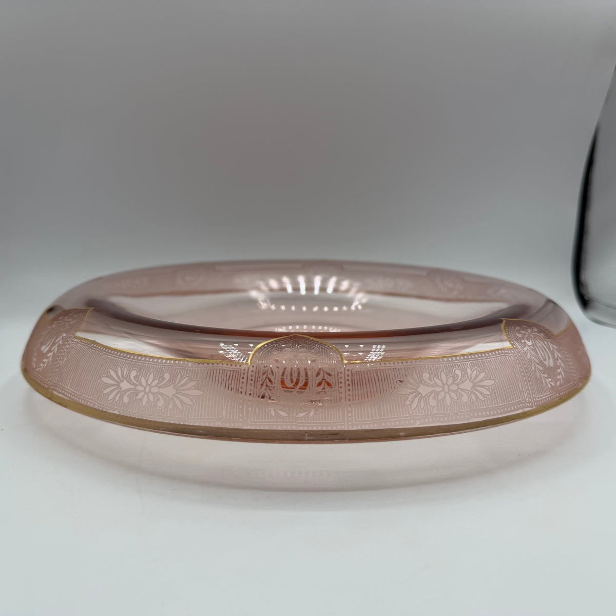 Pink Depression Glass Console Bowl, Rolled Edge And Gold Accents