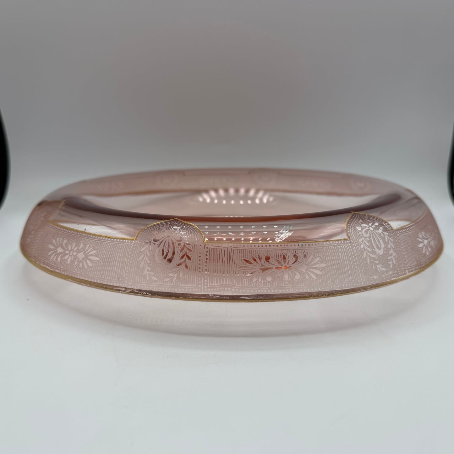 Pink Depression Glass Console Bowl, Rolled Edge And Gold Accents