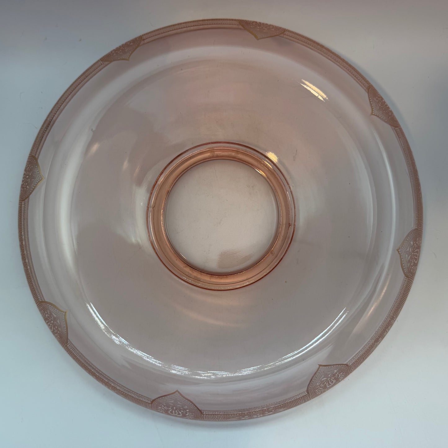Pink Depression Glass Console Bowl, Rolled Edge And Gold Accents