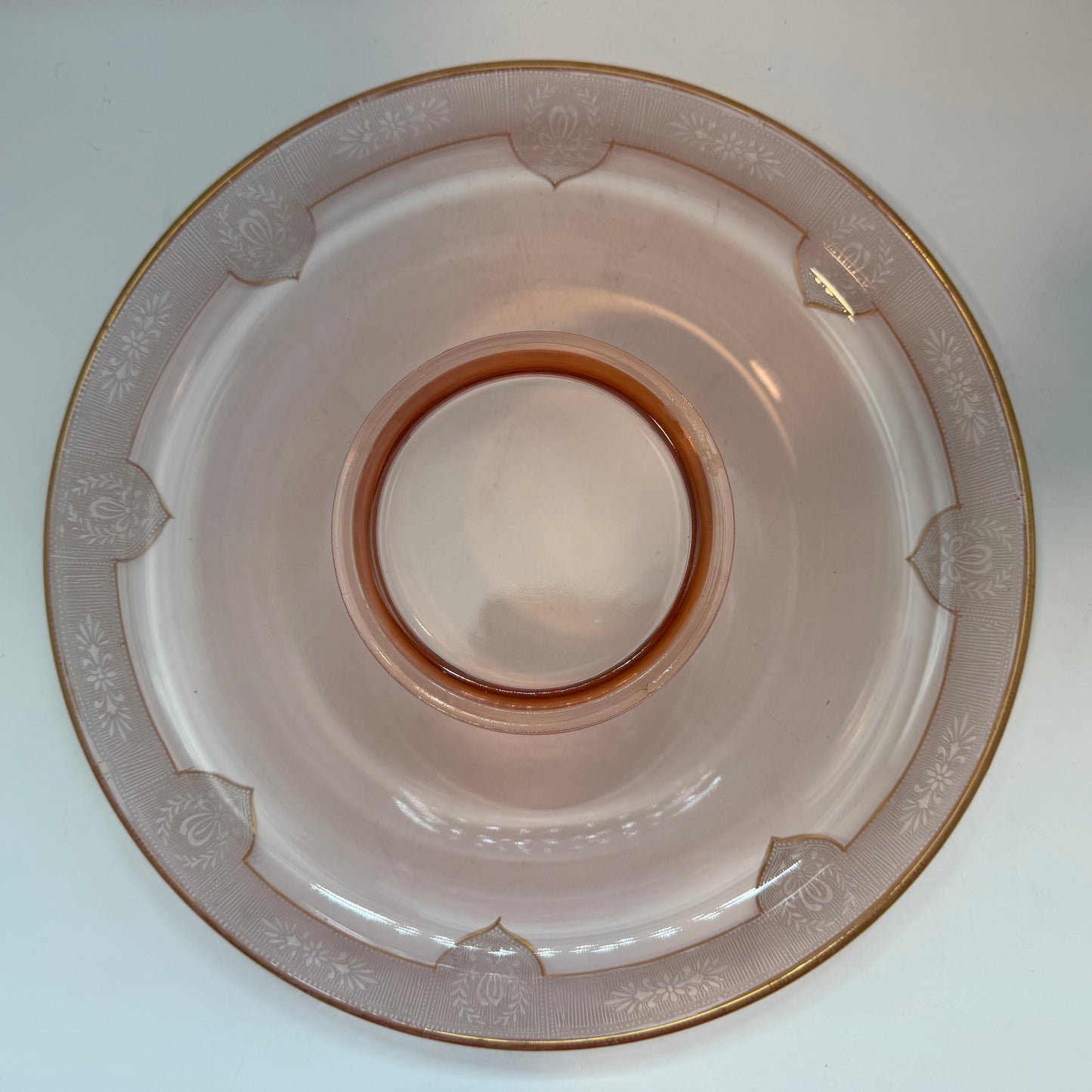 Pink Depression Glass Console Bowl, Rolled Edge And Gold Accents