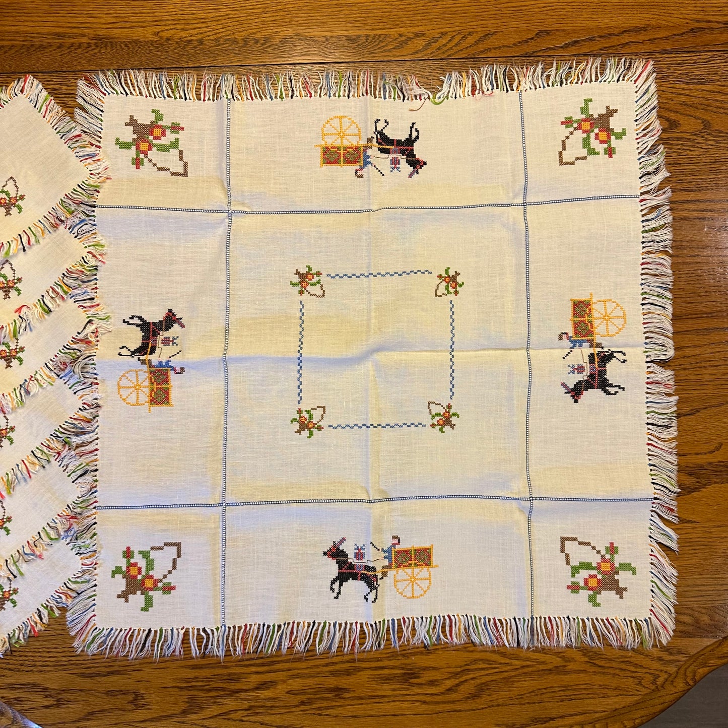 Tablecloth and 6 Coasters, Cross Stiched Horses