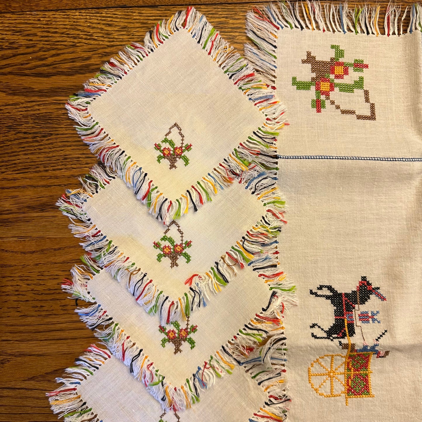 Tablecloth and 6 Coasters, Cross Stiched Horses