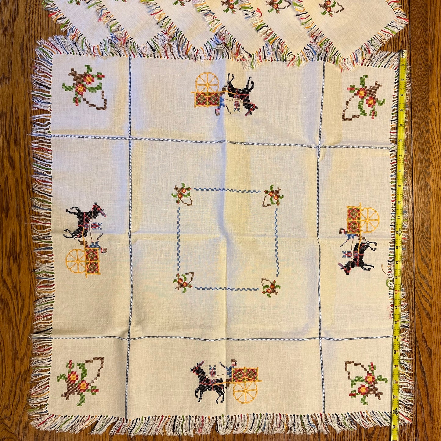 Tablecloth and 6 Coasters, Cross Stiched Horses