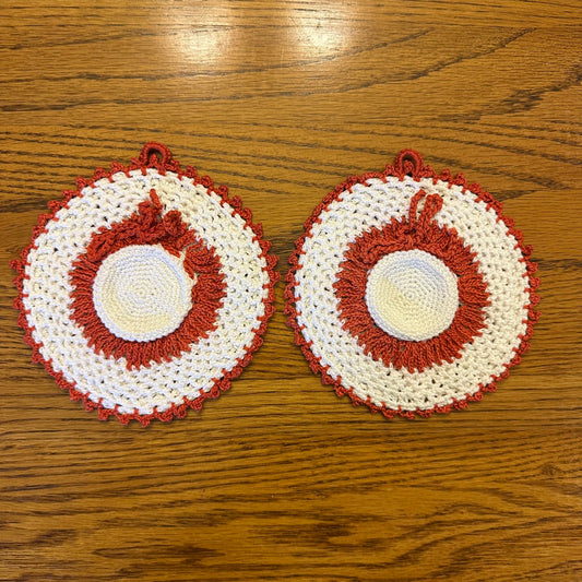 Vintage Hat Pot Holders, Red and White, Set of 2