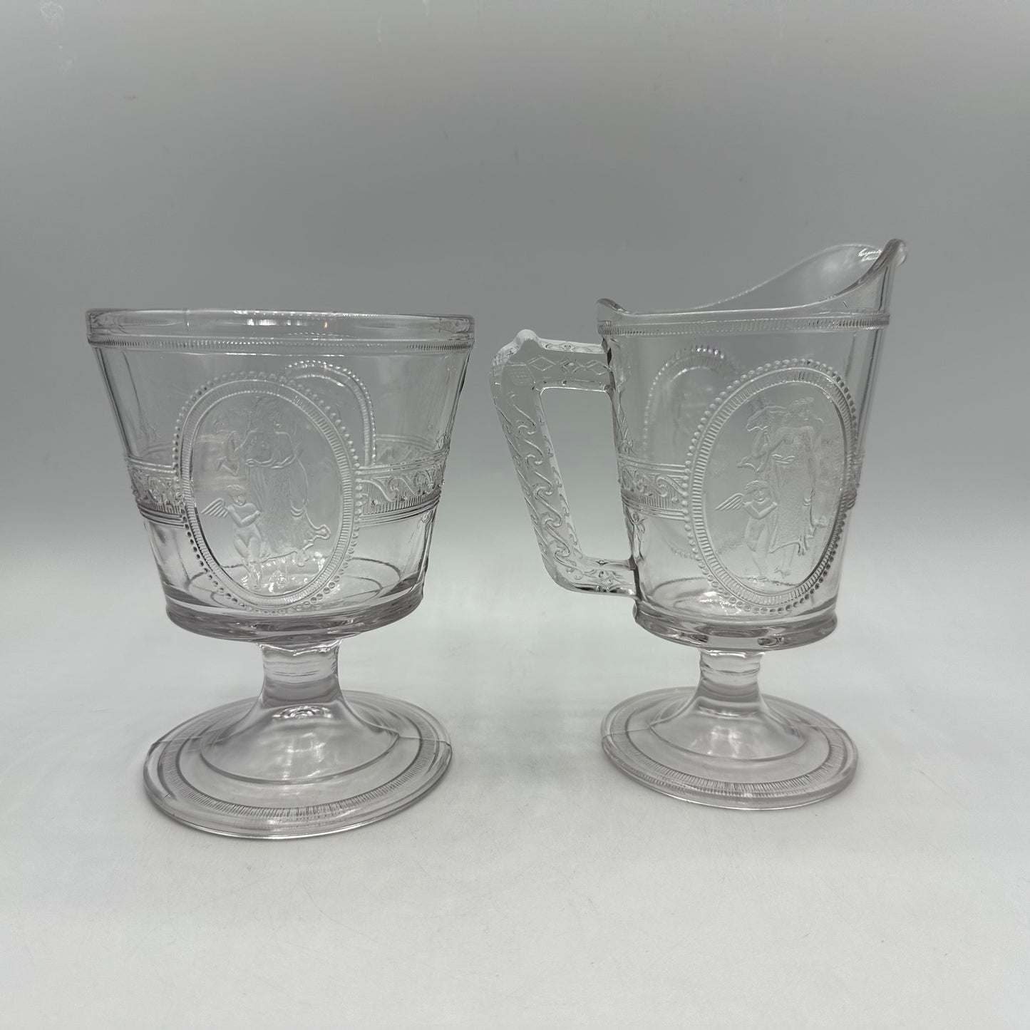 Richards & Hartley Glass Company Cupid & Venus Open Sugar Bowl & Creamer