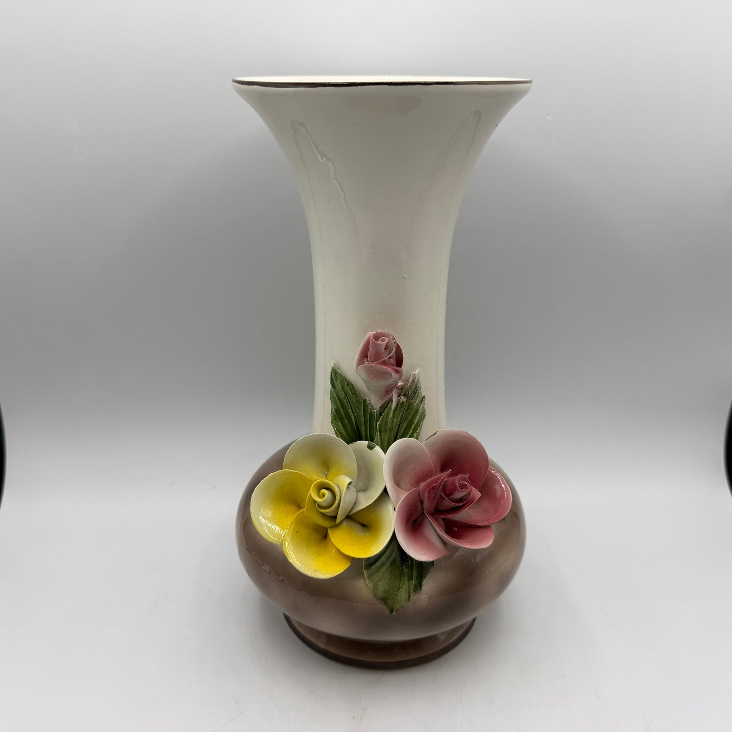 Capodimonte Porcelain Vase, Applied Flowers, 11"