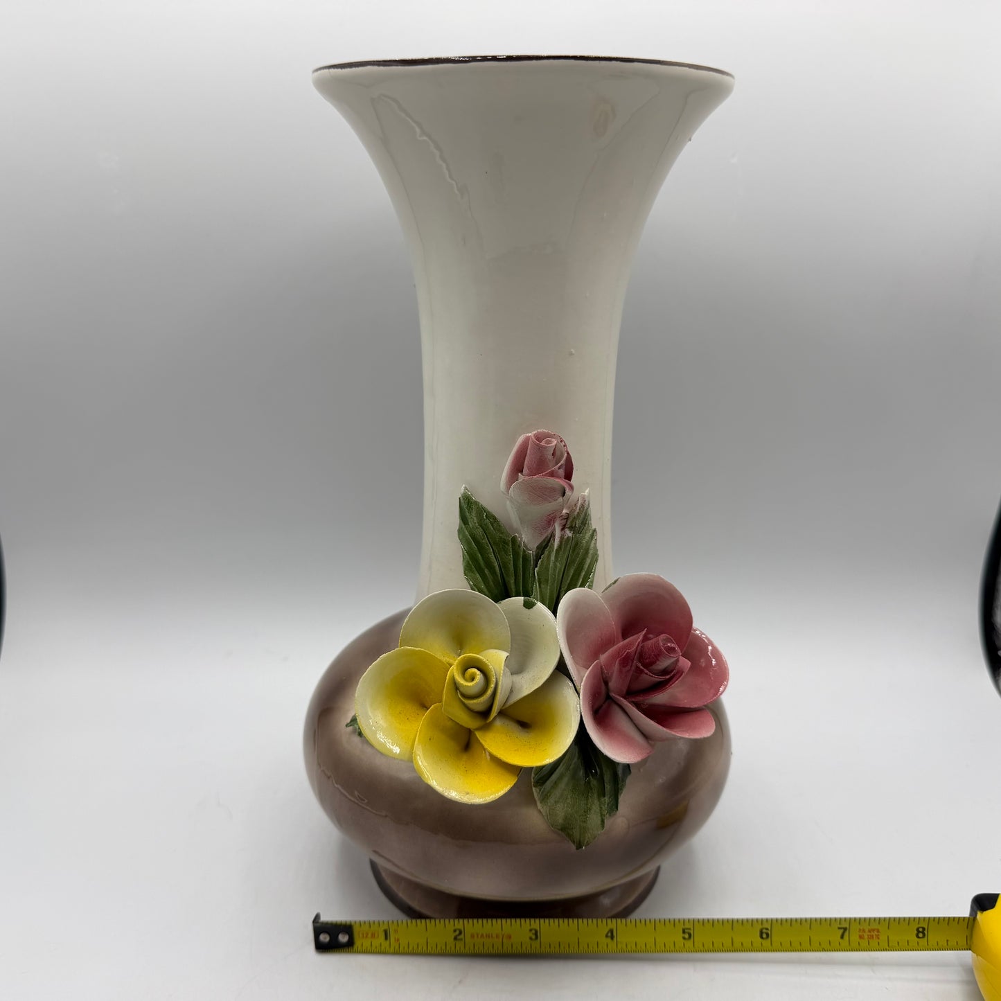 Capodimonte Porcelain Vase, Applied Flowers, 11"