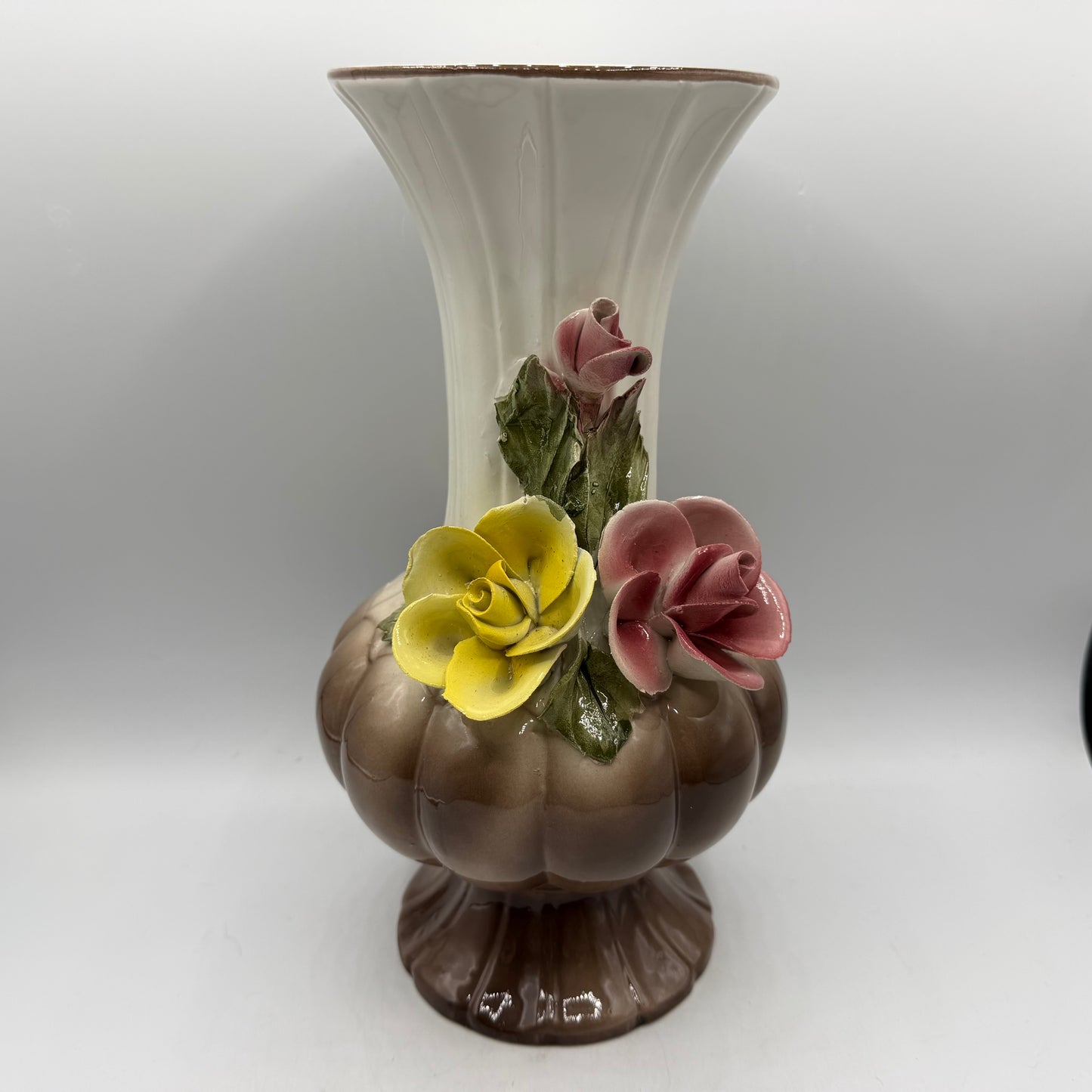 Capodimonte Porcelain Vase, Applied Flowers, 11"