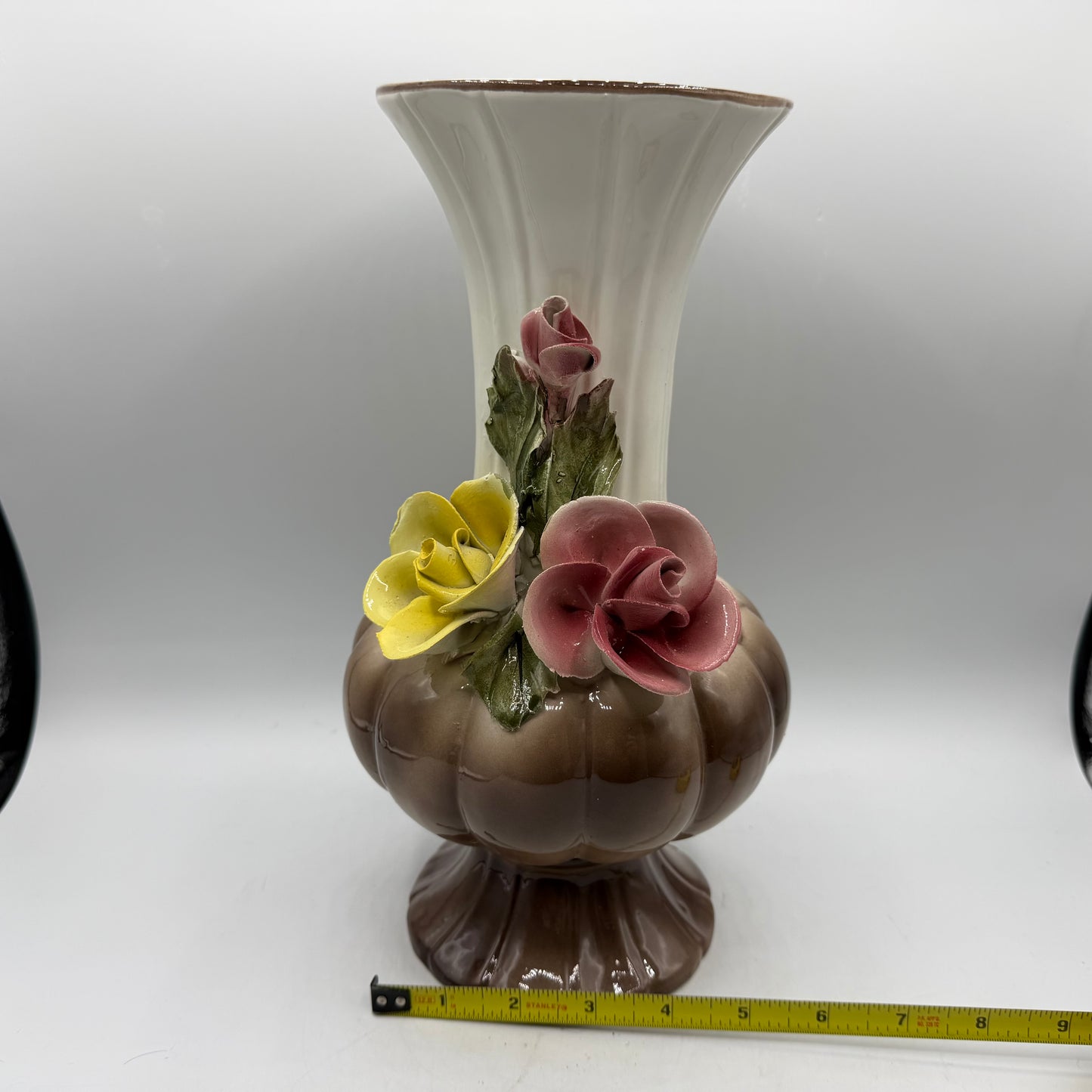 Capodimonte Porcelain Vase, Applied Flowers, 11"