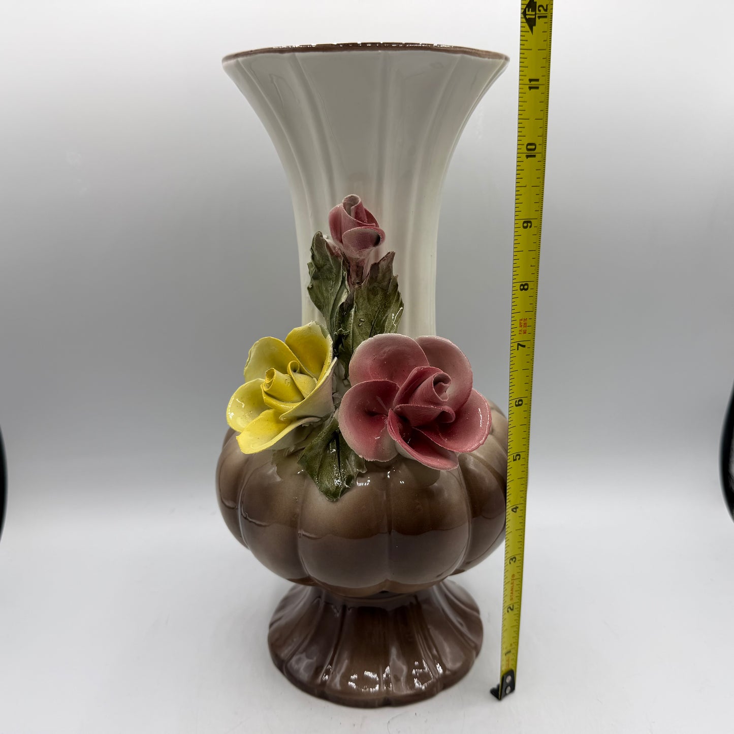 Capodimonte Porcelain Vase, Applied Flowers, 11"